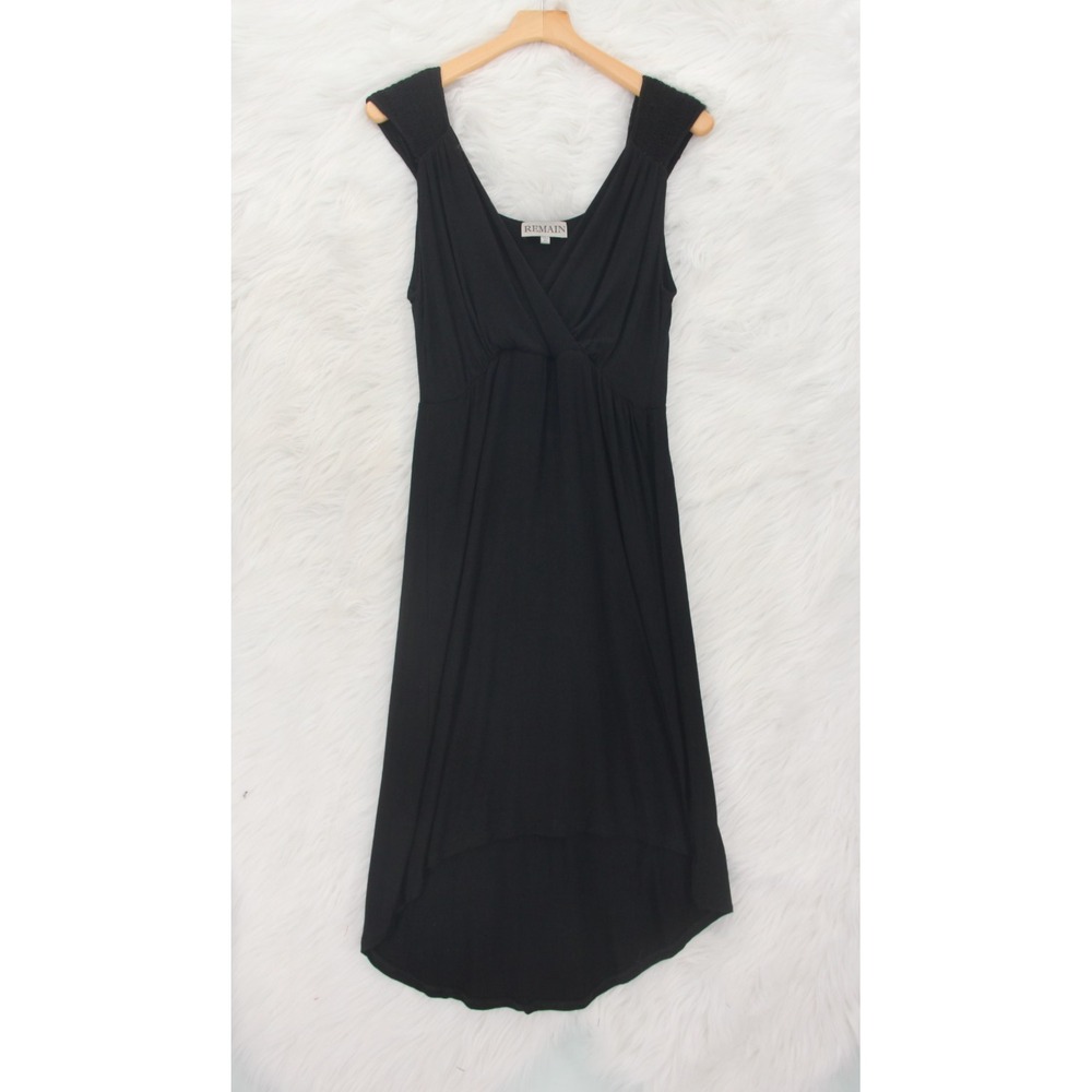 Remain Dress Womens M Black V-Neck Calf Sleeveless Midi Hi Low Empire Waist 1377